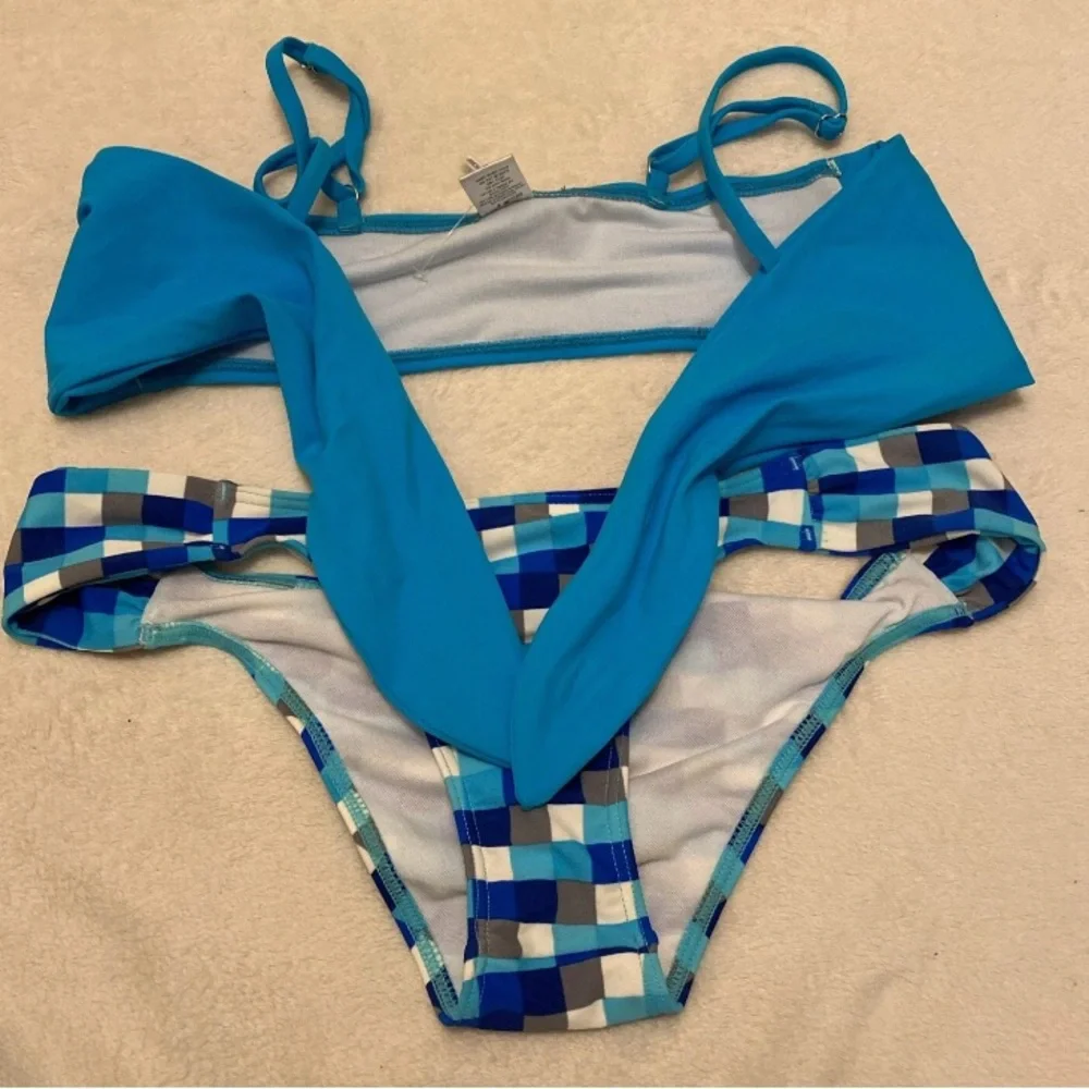 Fashion Nova Blue Knotted Bikini with Gingham Bottoms